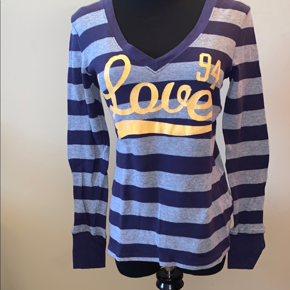Old Navy Size Small Striped V-Neck Long Sleeve Shirt Navy & Gray 100% Cotton